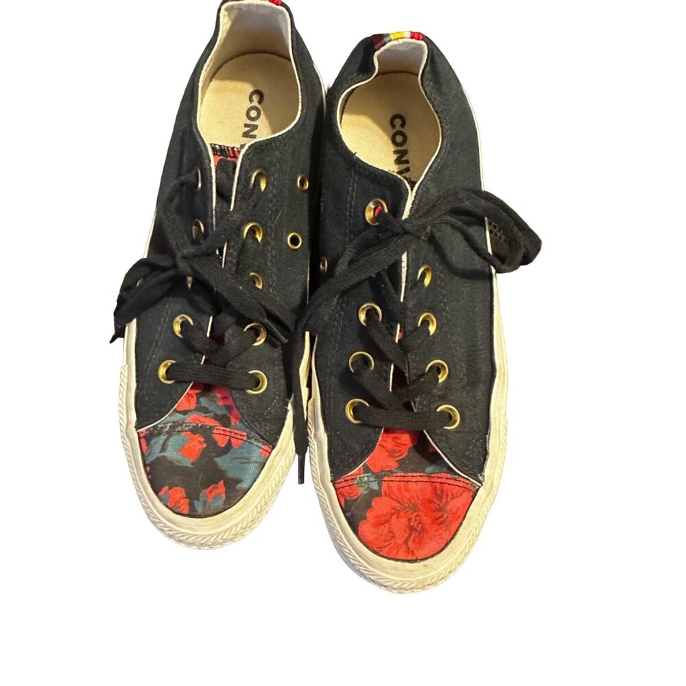 Converse Low Top Sneakers Floral Black Gold Eyelet Multi-Color Stripe Size 6